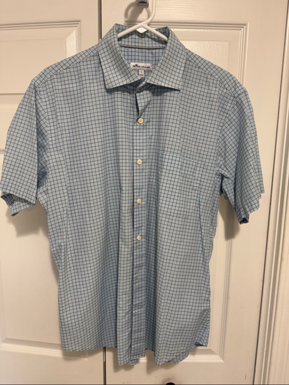 Peter Millar Blue and White Micro-Plaid Button-Down Shirt size large